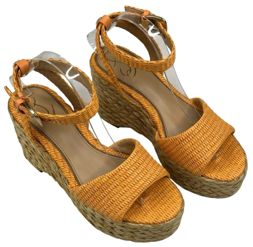 Sam Edelman April Marigold Raffia Platform Wedge Espadrille Sandal Womens 9M New